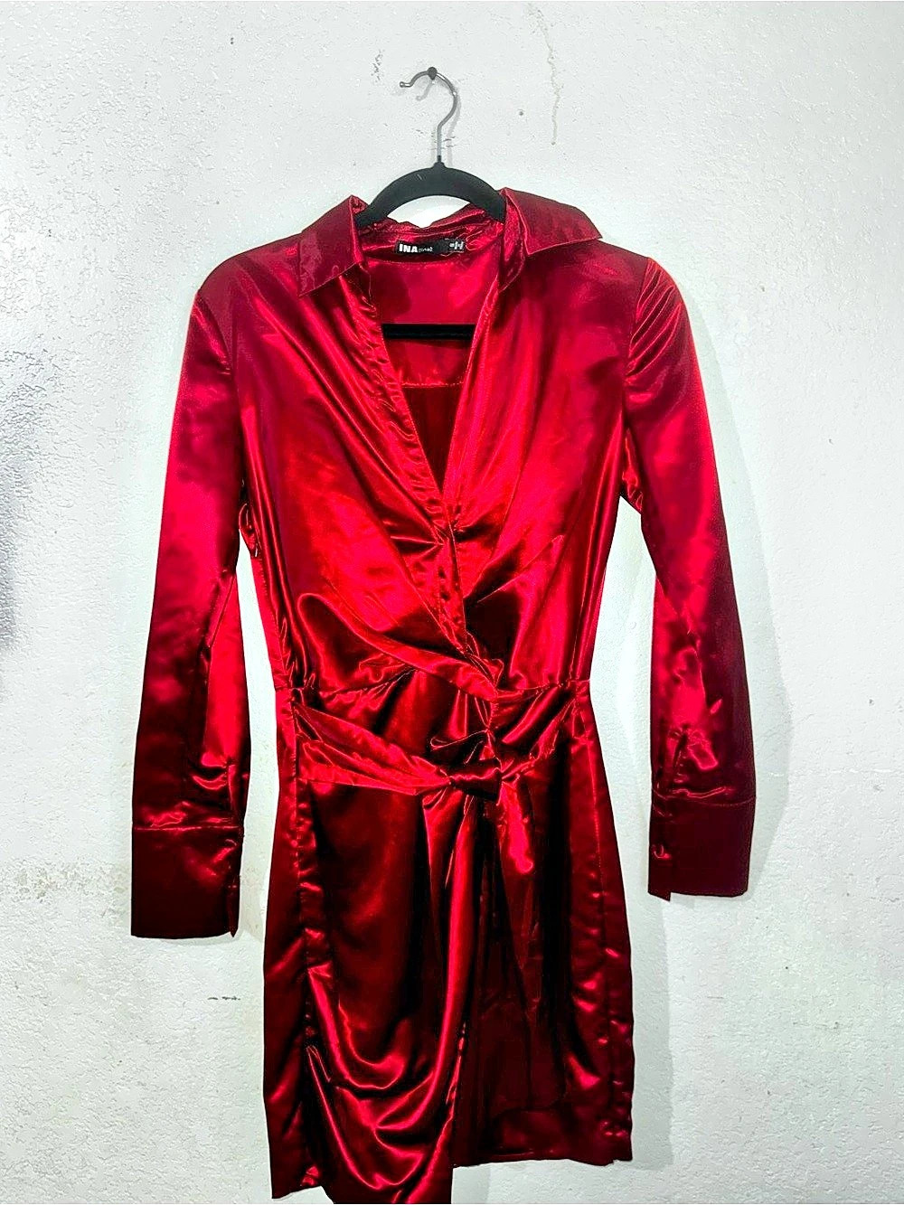 INA Red Satin-Look Mini Dress Size Small Like New